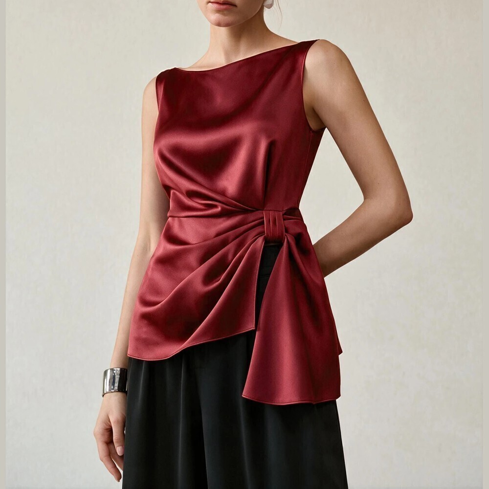 Burgundy Satin Boat Neck Sleeveless Draped Knot Front Blouse